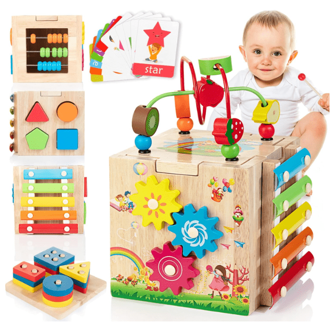 Cubo educativo Montessori de madera 8 en 1 para niños, fomenta desarrollo infantil y aprendizaje temprano.