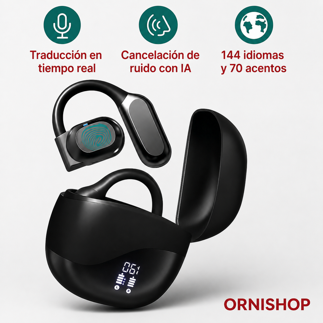 Auriculares traductores inteligentes negros con Bluetooth para comunicación en tiempo real de 144 idiomas.