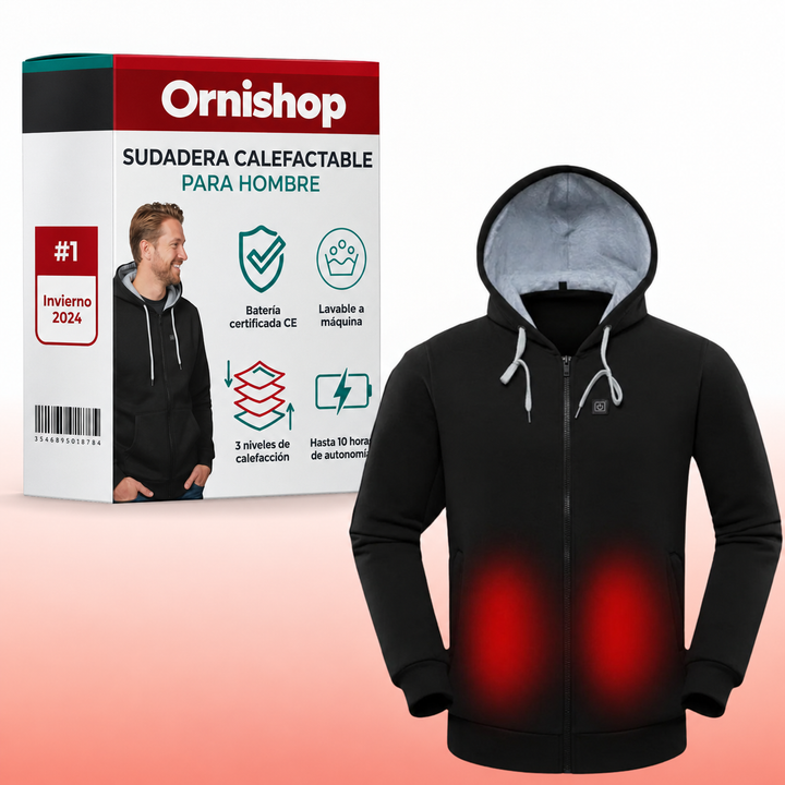 Sudadera calefactable negra para hombre, confort instantáneo contra el frío del invierno.