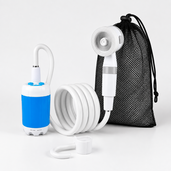 Ducha portátil eléctrica recargable para camping y exteriores. Ideal para higiene personal en la naturaleza y viajes.