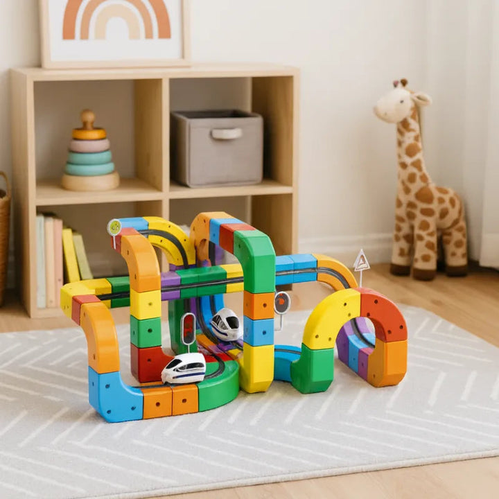 Pista de canicas 3D para niños, juego educativo de construcción STEM, ideal para desarrollo cognitivo y creatividad infantil.