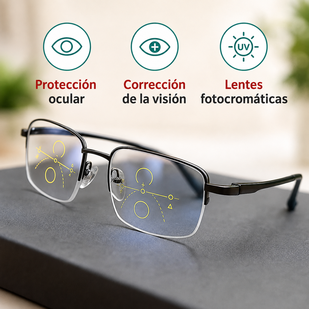 Gafas progresivas multifocales unisex con protección UV y luz azul. Visión clara y cómoda.