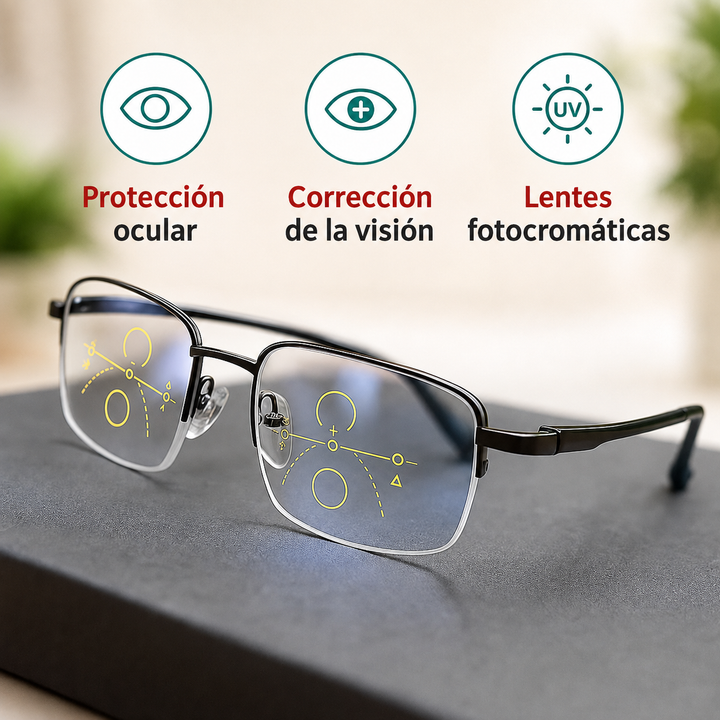 Gafas progresivas multifocales unisex con protección UV y luz azul. Visión clara y cómoda.