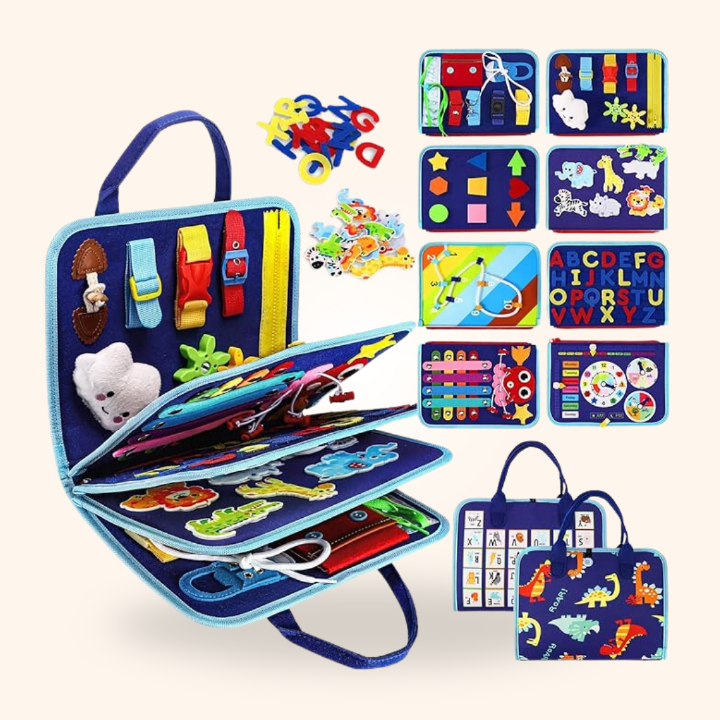 Tablero sensorial Montessori de actividades para niños, estimula el aprendizaje y la diversión.