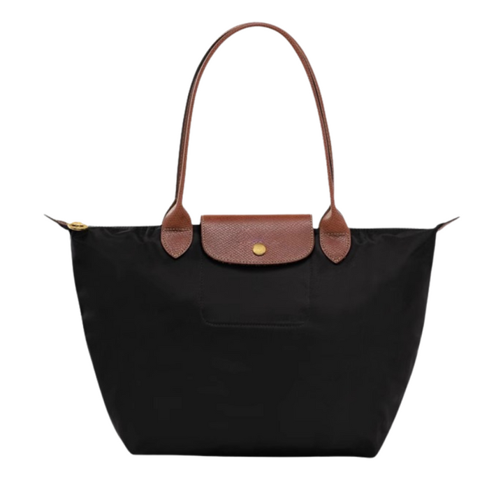 Bolso de mano de nylon y piel, con herrajes metálicos sutiles, toque chic para la mujer elegante.