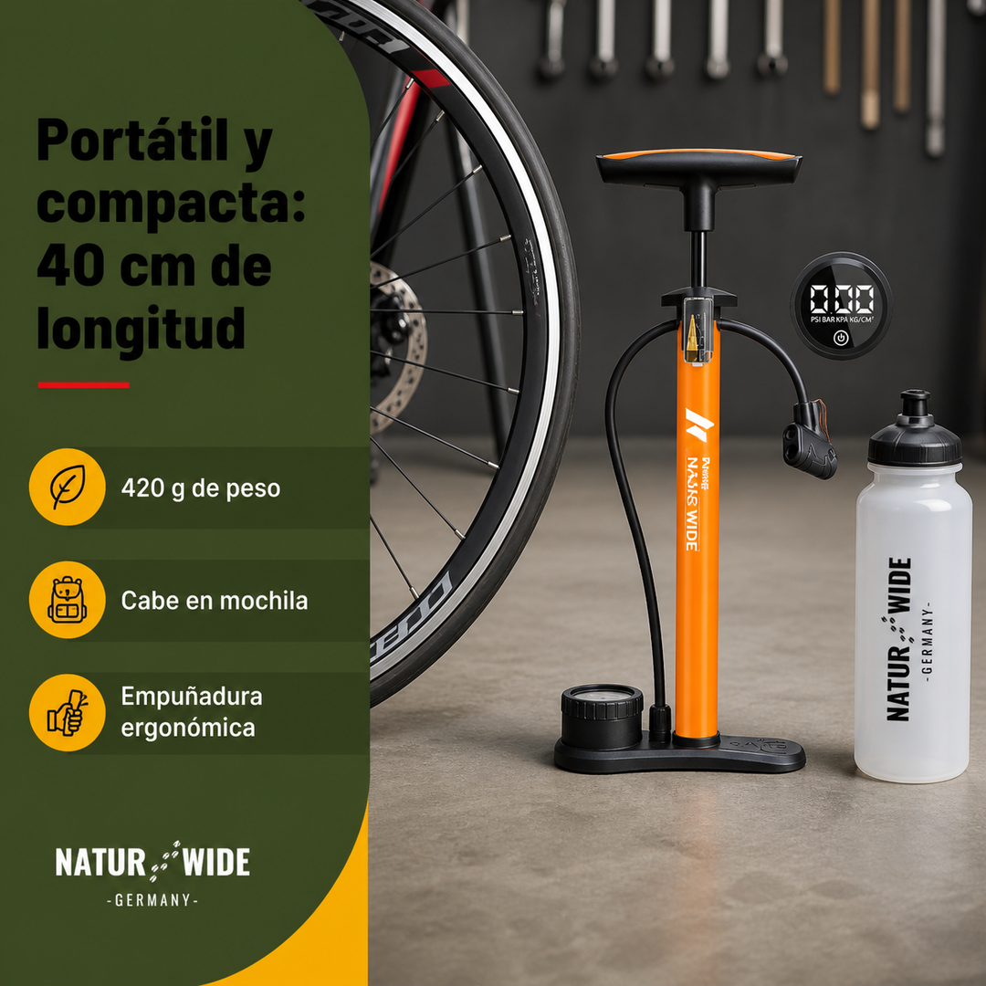 Inflador manual portátil para bici, moto y coche con doble válvula. Ideal para balones y emergencias en viajes.