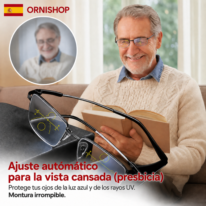 Lentes fotocromáticas progresivas adaptativas, protegen de UV y luz azul. Claridad visual sin esfuerzo.
