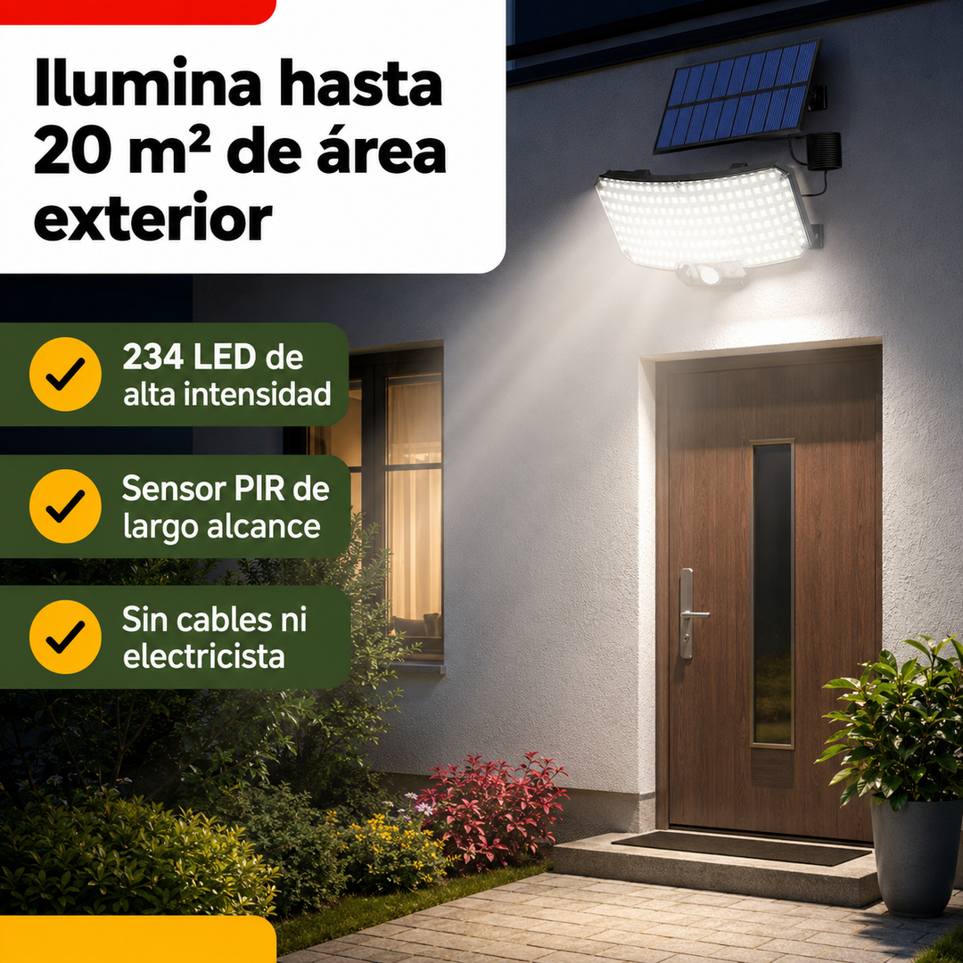 Luz solar LED exterior sin cables, impermeable, con control remoto para fácil instalación y ahorro de energía.