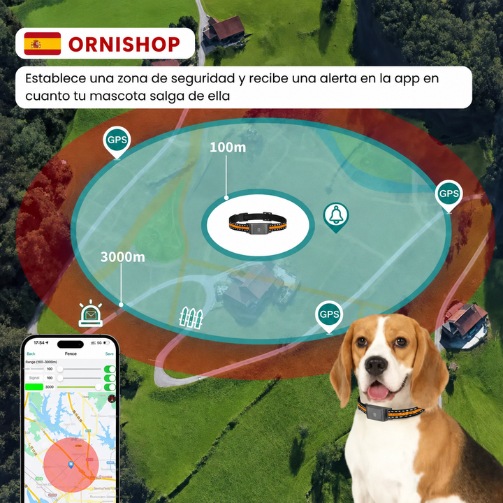 Perro feliz con collar y localizador GPS. Seguimiento seguro para mascotas, ¡adiós a las preocupaciones por pérdida!