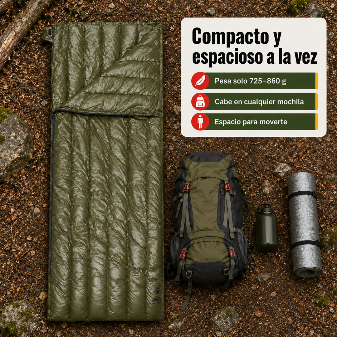 Saco de dormir portátil verde de plumón ultraligero para viaje y acampada, comodidad 3 estaciones.