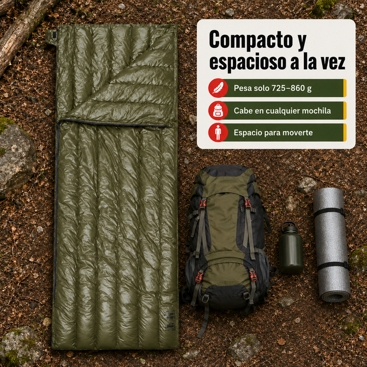 Saco de dormir portátil verde de plumón ultraligero para viaje y acampada, comodidad 3 estaciones.