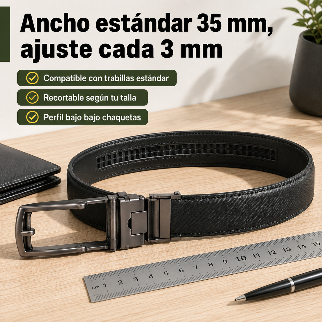 Cinturón ajustable micrométrico para hombre, hebilla deslizante. Piel sintética, comodidad y estilo moderno.