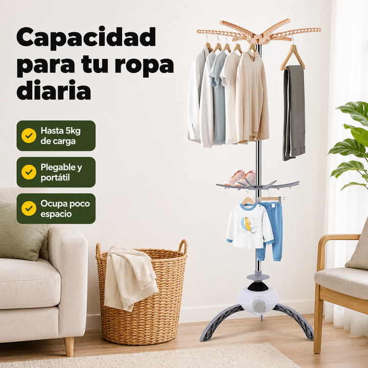 Tendedero eléctrico portátil y plegable de acero inoxidable. Seca ropa eficientemente con aire caliente en apartamentos.