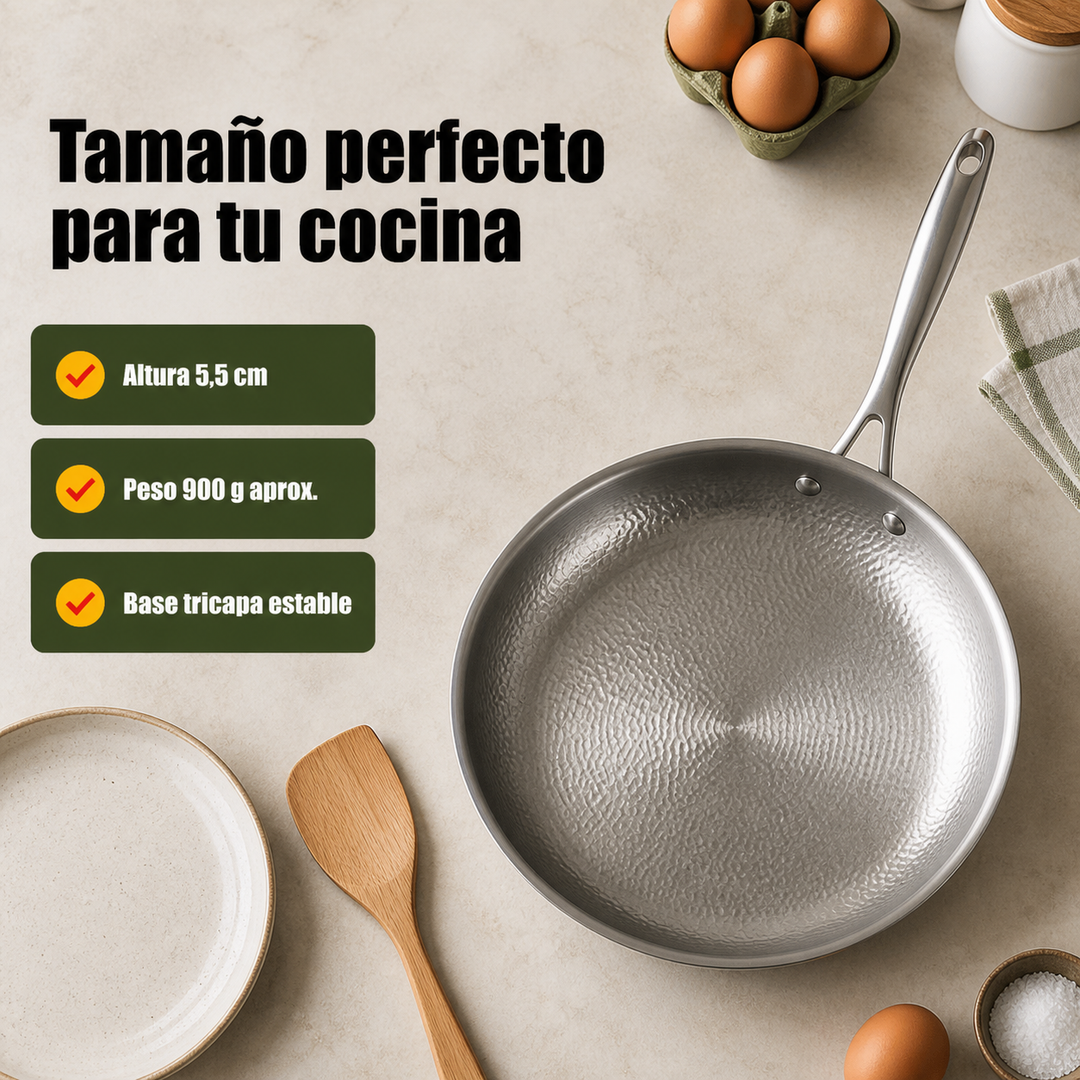 Utensilio de chef: sartén de acero inoxidable sin recubrimiento químico, perfecta para inducción y gas.
