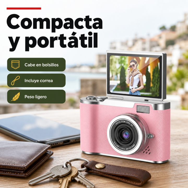 Cámara digital rosa 4K portátil para principiantes y viajes, fácil de usar y llevar.