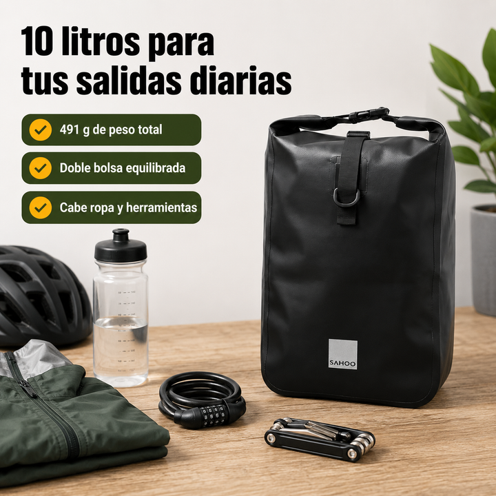 Bolsa alforja impermeable para bicicleta, 10L doble, PVC negro resistente. Perfecta para portaequipajes trasero.