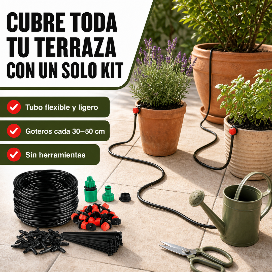 Sistema de microaspersión para riego automático en balcones y jardines, optimizando el ahorro de agua.