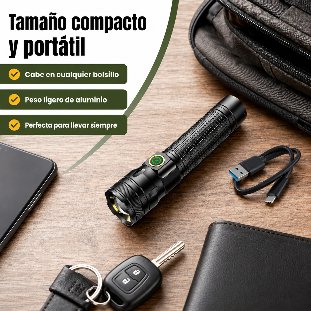 Potente linterna LED de aluminio resistente al agua, recargable con zoom, perfecta para uso exterior.