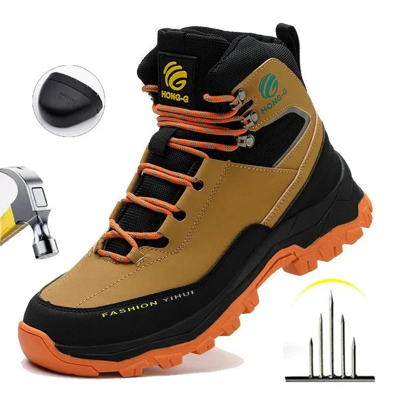 Calzado laboral impermeable para hombres, con puntera reforzada y resistencia química para seguridad industrial.