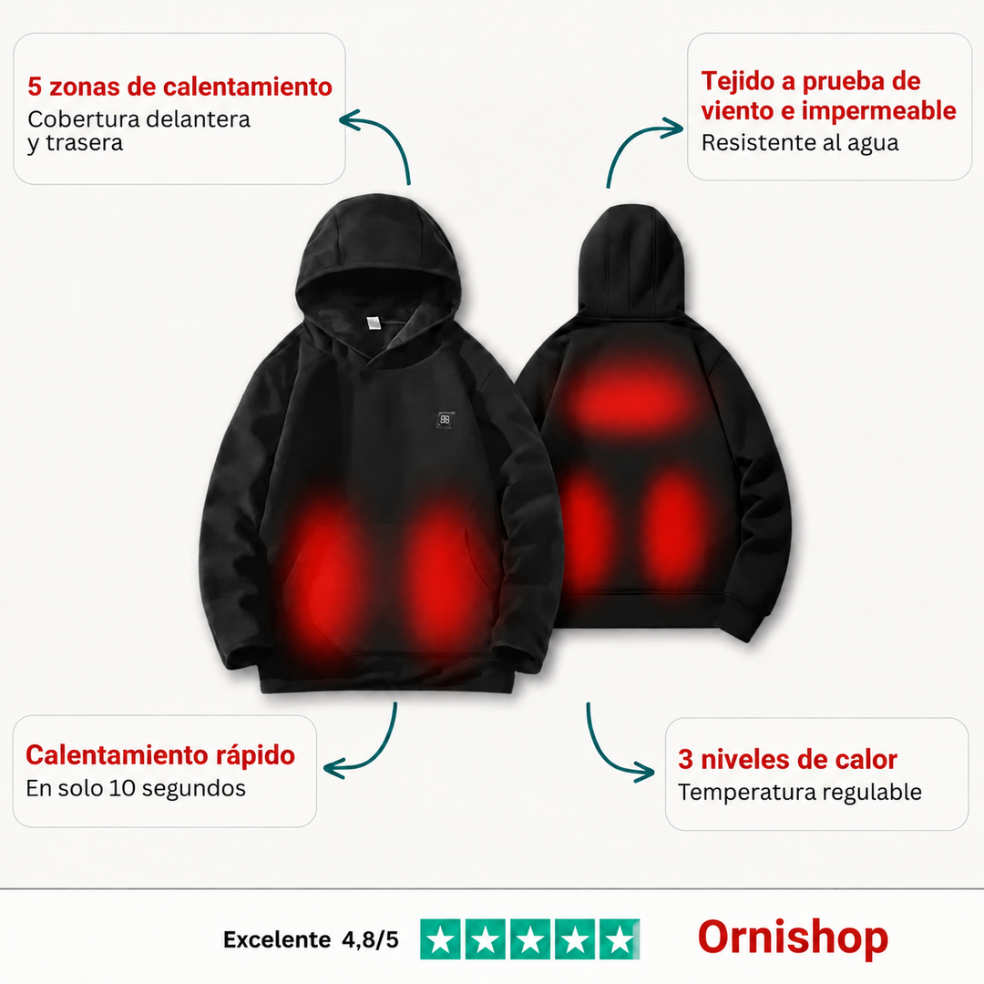 Sudadera térmica calefactable con tecnología USB, mostrando zonas de calor para abrigo ajustable en invierno.