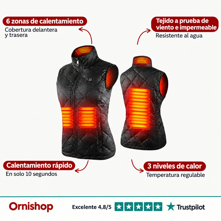 Mujer vistiendo chaleco térmico calefactable con carga USB, disfrutando del calor en clima frío exterior.