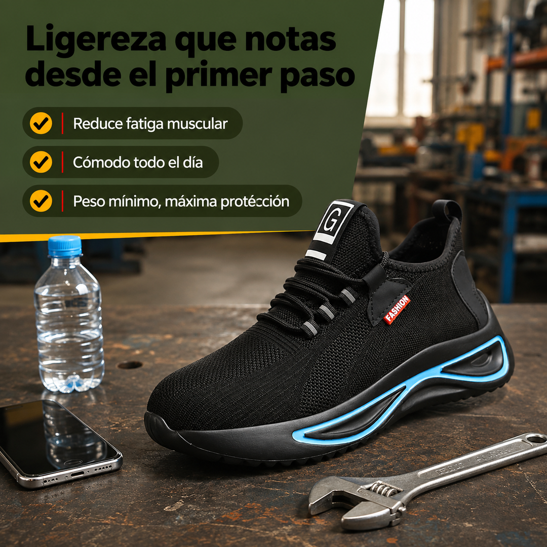 Calzado de seguridad para hombre con puntera de acero, malla transpirable y suela antideslizante para confort laboral.