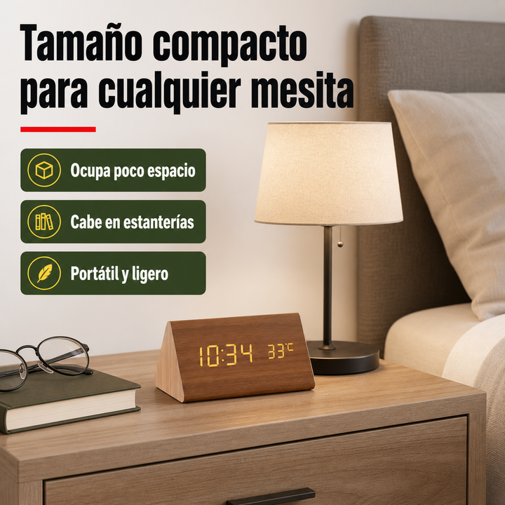 Vista frontal del reloj despertador digital de madera. Muestra la hora con dígitos LED brillantes.