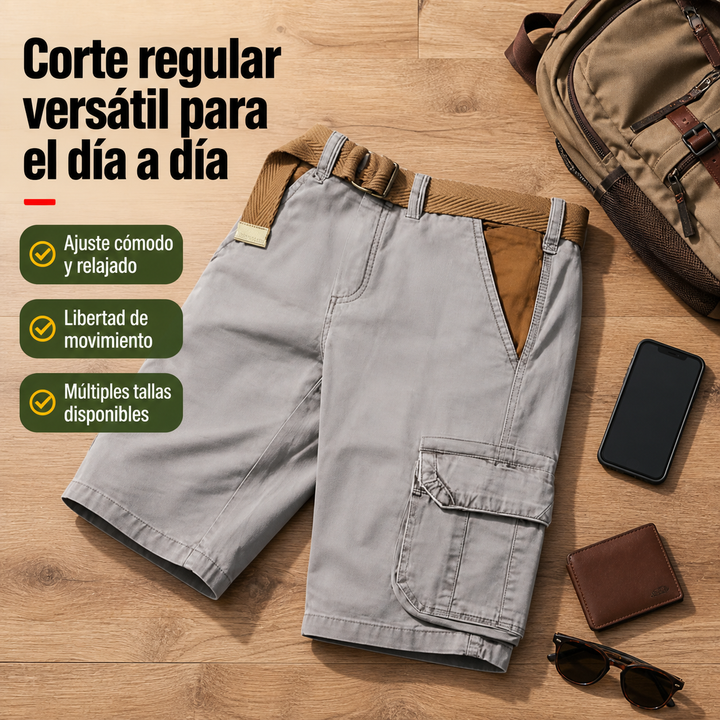 Shorts cargo MAVERICK de hombre con multibolsillos, perfecto para viaje y actividades al aire libre en poliéster.