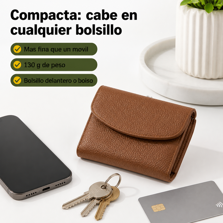 Billetera de cuero genuino compacta con tecnología RFID para máxima seguridad. Incluye doble monedero.