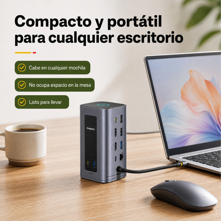 Estación de acoplamiento USB-C 12 en 1 unisex, expande tu portátil con doble HDMI 4K, Ethernet y lector de tarjetas.