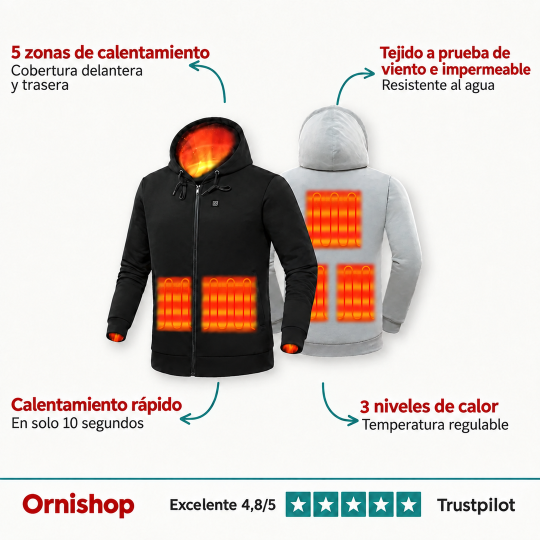 Mujer vistiendo sudadera térmica calentable, abrigo y moda esencial para días fríos.