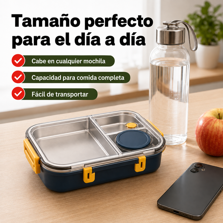 Recipiente térmico de acero inoxidable con compartimentos para mantener la comida caliente.