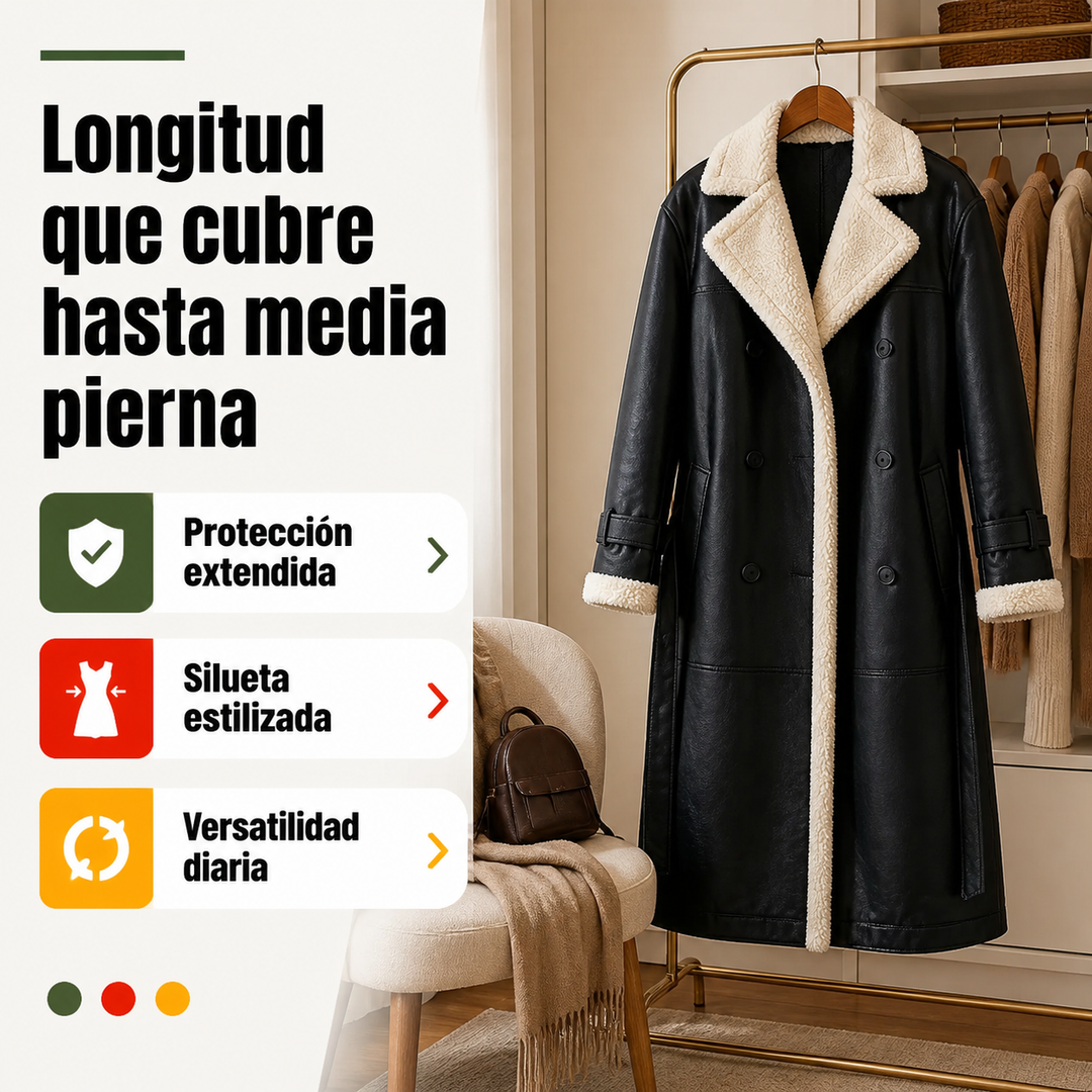 Modelo luciendo abrigo largo de mujer con suave forro polar y cuello borreguito. Perfecto para el frío invernal.