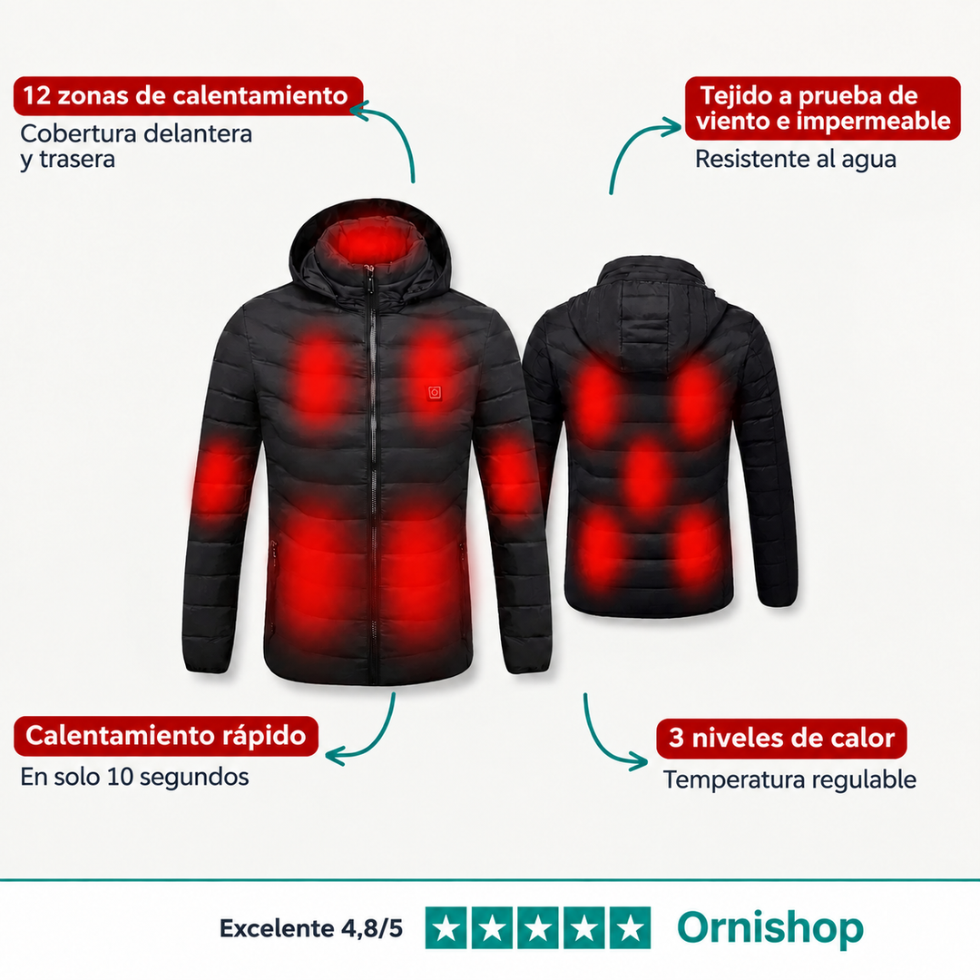 Chaqueta con calefacción para hombre con zonas de calor ajustables, perfecta para actividades al aire libre invernales.