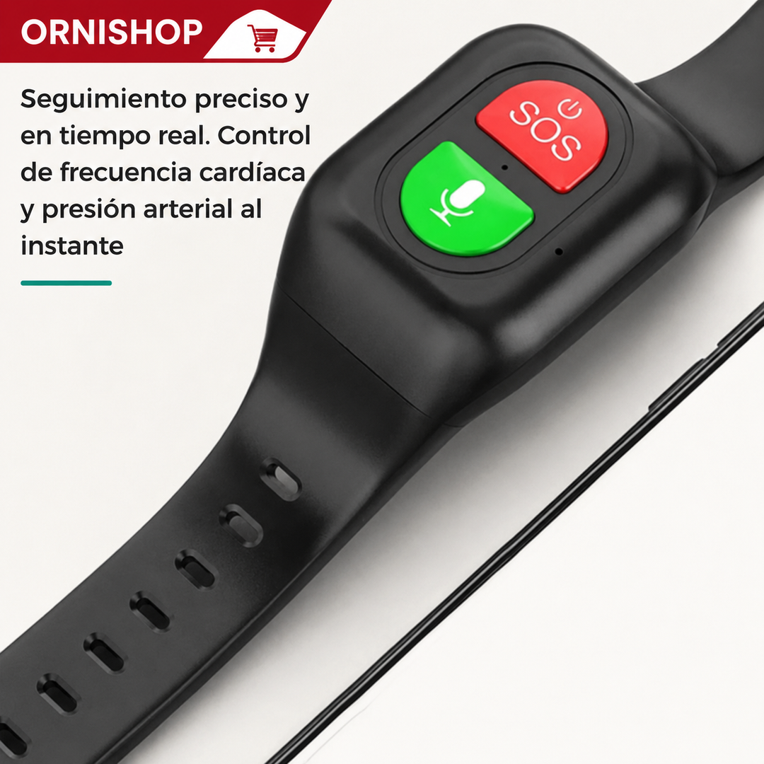 Smartwatch GPS 4G en muñeca de persona mayor. Seguridad y bienestar con SOS de emergencia y rastreo.