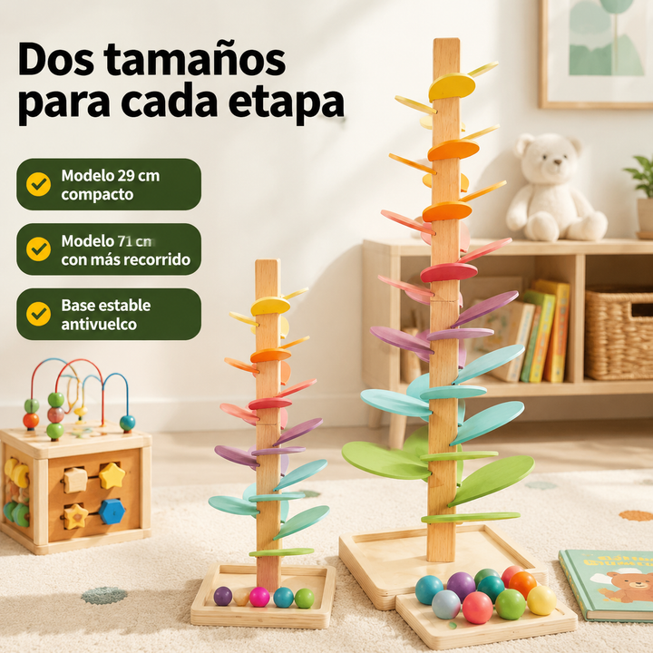 Juguete sensorial de madera con torre de bolas multicolor. Desarrollo causa-efecto y sonido para niños.
