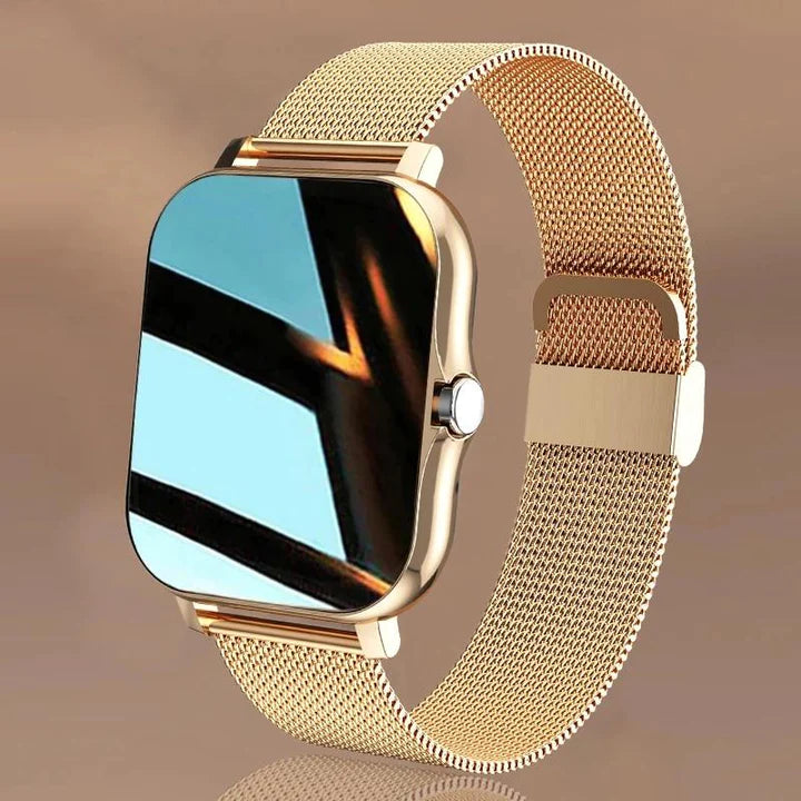 Reloj inteligente rosa para mujer, monitorea salud, pasos, ritmo cardíaco y calidad de sueño.