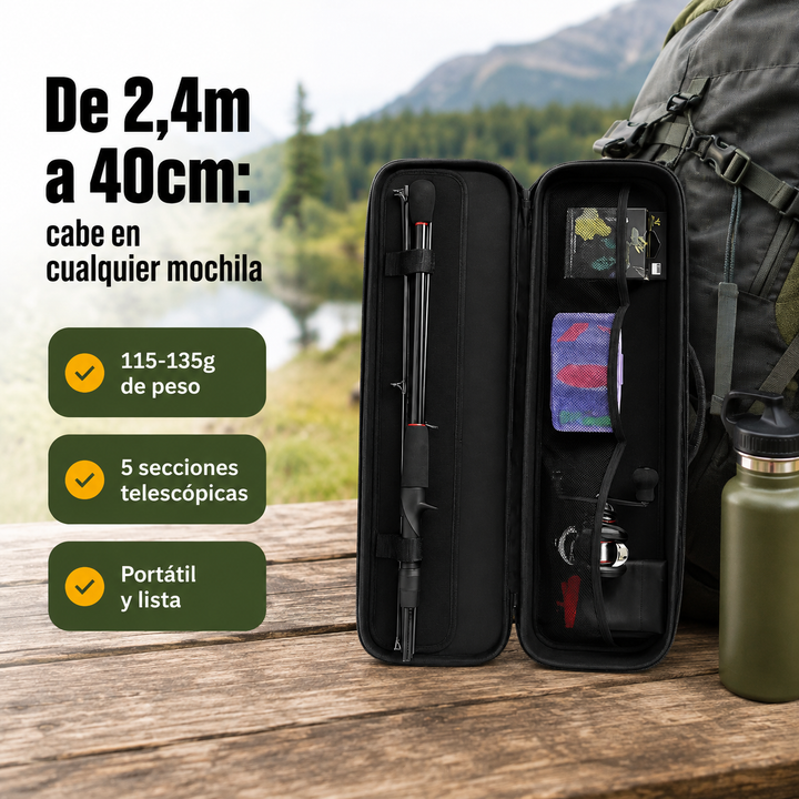 Kit de pesca portátil con caña telescópica de fibra de carbono y carrete baitcasting. Equipo de pesca de calidad.