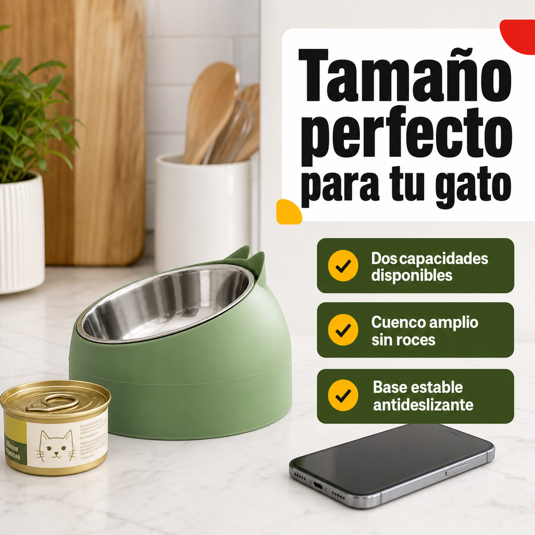 Gato comiendo cómodamente de comedero ergonómico antivómito. Protege la columna y facilita la digestión.