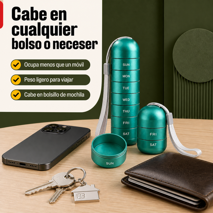 Pastillero semanal compacto y portátil, ideal para organizar pastillas en viajes y el día a día.
