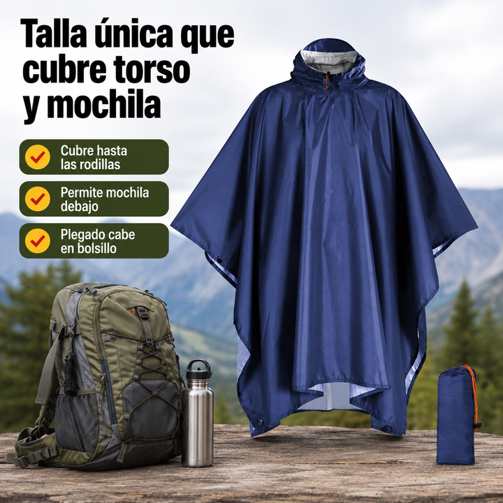 Poncho impermeable 3 en 1, convertible en toldo o manta. Ideal para aventura y protección exterior en lluvia.