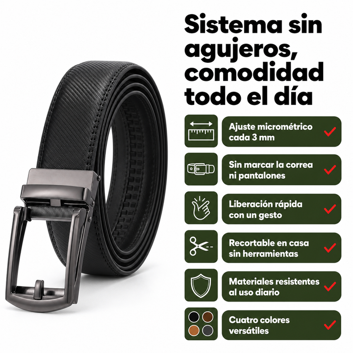 Cinturón automático de hombre en piel sintética, hebilla elegante. Ajuste preciso sin agujeros para confort.