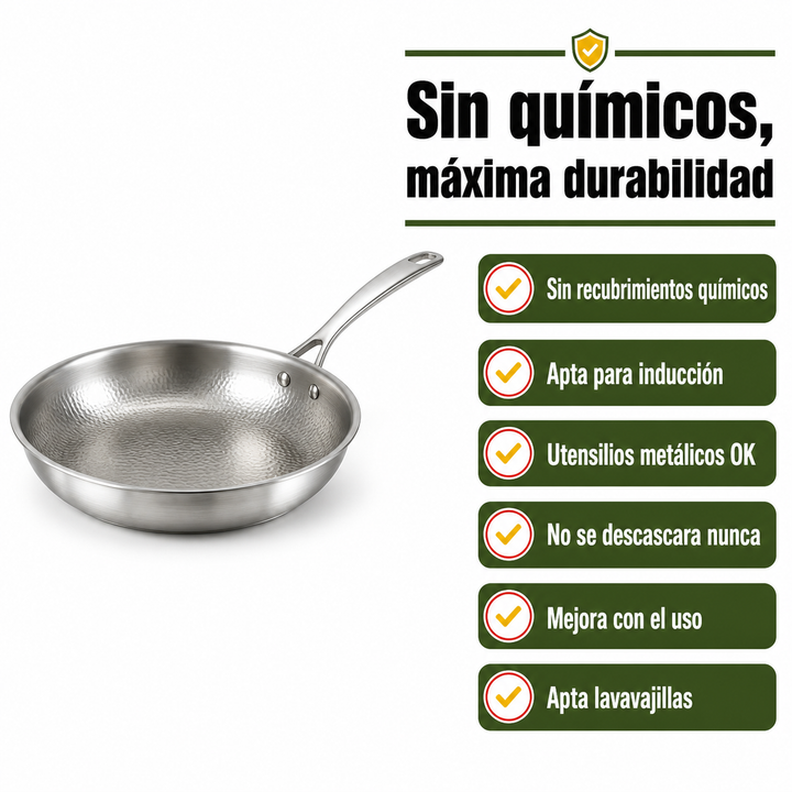 Sartén tricapa de acero inoxidable. Menaje de cocina duradero, apto para inducción, gas y vitrocerámica.