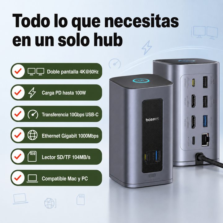 Hub USB-C unisex de alto rendimiento 12 en 1: doble HDMI 4K, carga PD 100W, Ethernet. Accesorios esenciales para portátil.