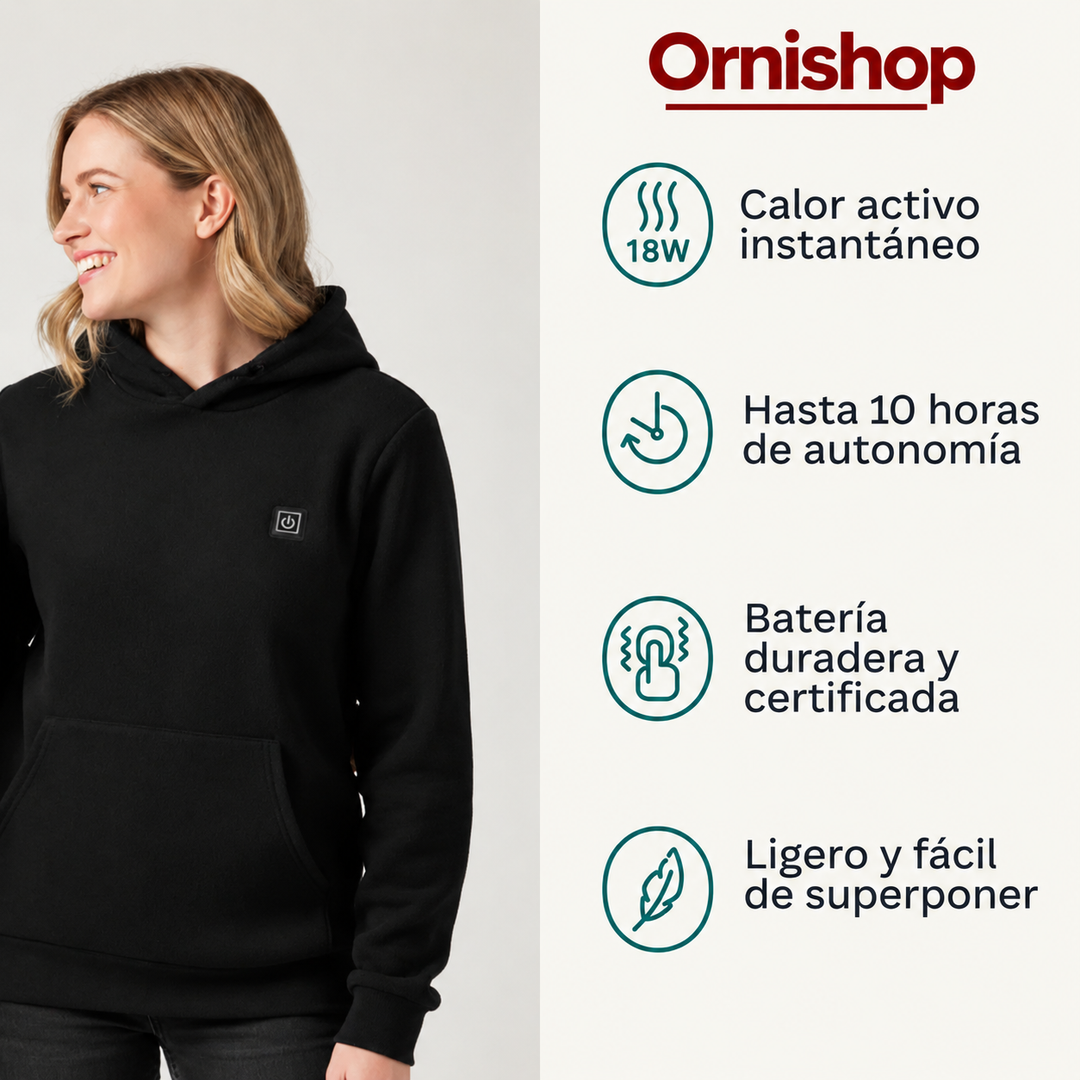 Mujer sonriente con sudadera calefactable exterior, disfrutando del calor y comodidad en un día frío de invierno.