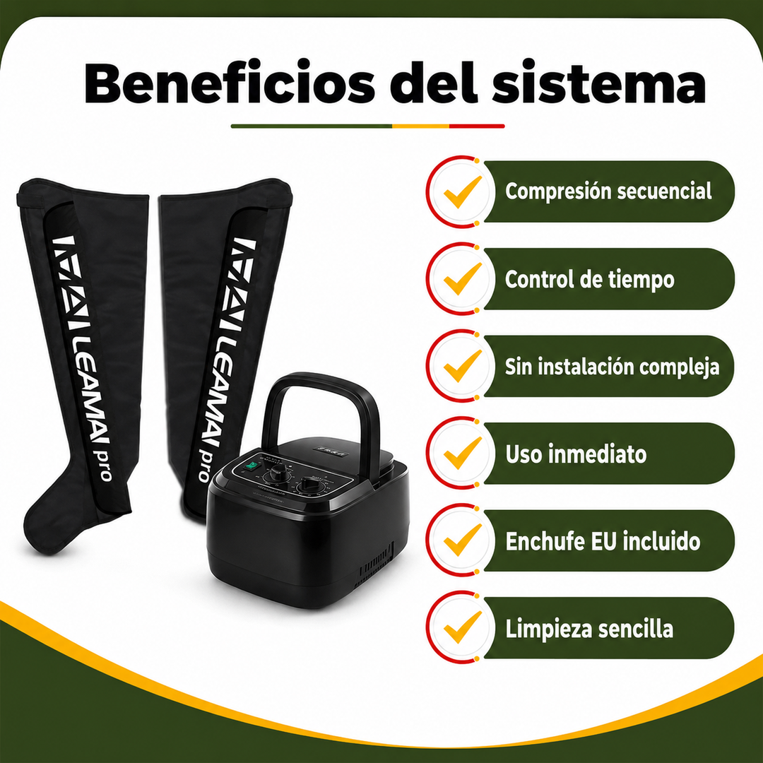 Sistema de masaje con compresión de aire para alivio de piernas cansadas, mejora la circulación y reduce la fatiga.