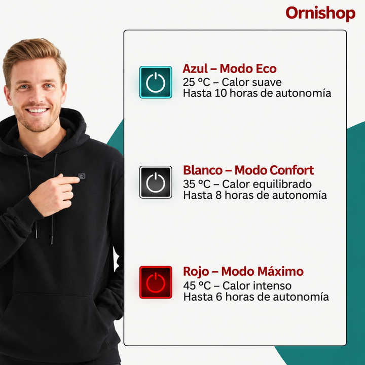 Hombre usando sudadera calefactable casual en invierno, disfrutando de calor y confort contra el frío.