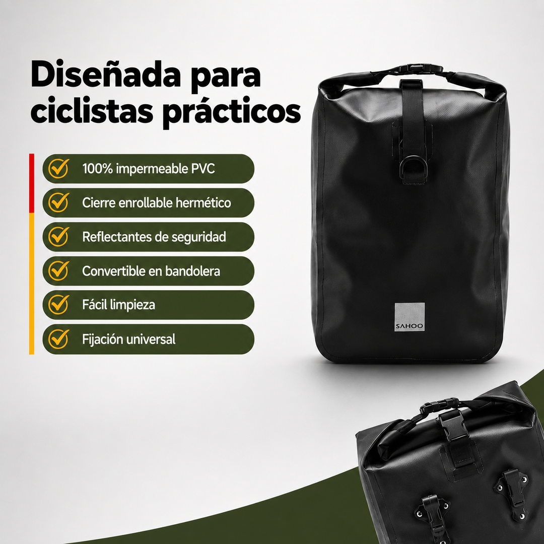 Alforja doble trasera reflectante para bicicleta, impermeable PVC negro. Seguridad y espacio para ciclismo de viaje.