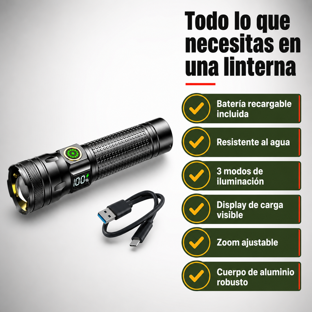 Linterna LED de emergencia con display, zoom, recargable y cuerpo de aluminio para camping y exteriores.