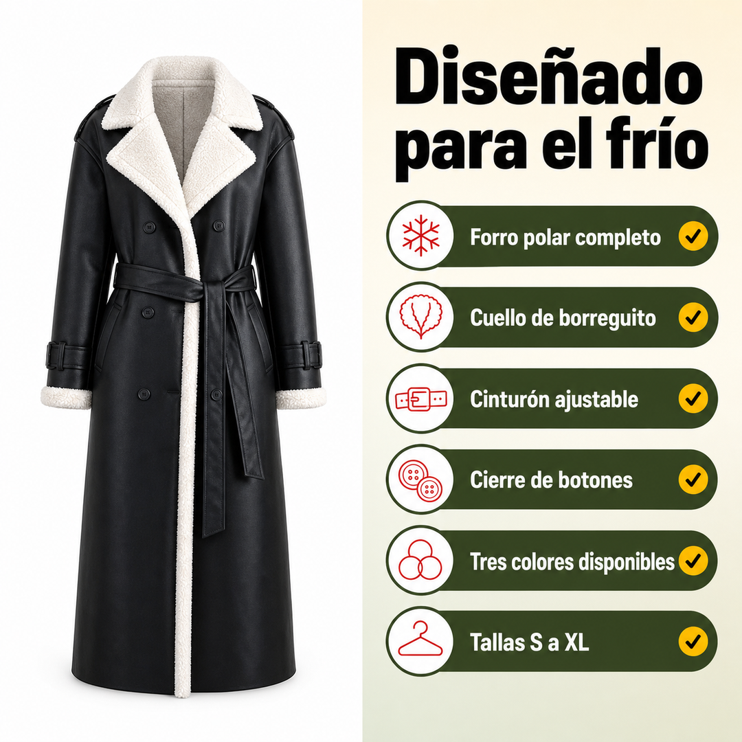 Detalle del cálido cuello borreguito y forro polar interior de un abrigo largo de mujer. Máxima comodidad.